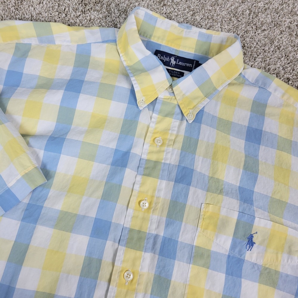 Vintage Ralph Lauren Tilden Mens 2XL Blue Yellow White Check Pony Button Down SS